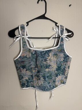 Floral Tie-Shoulder Corset Crop Top in Teal Blue